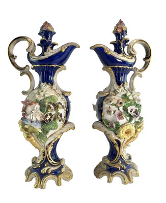 Lot 68 - PAIR OF 19TH CENTURY DERBY PORCELAIN HAND PAINTED PORCELAIN EWERS