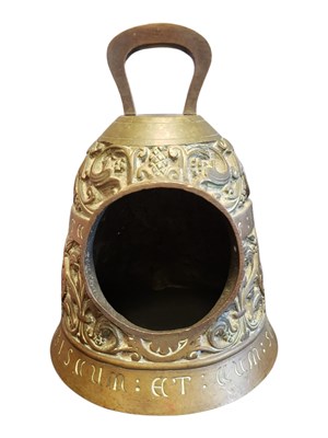Lot 318 - FRENCH C1900 BRASS BELL DECORATED WITH RELIGIOUS FIGURES & LATIN INSCRIPTIONS