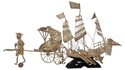 Lot 81 - EARLY 20TH CENTURY CHINESE EXPORT SILVER JUNK BOAT & RICKSHAW 白铜人力车和帆船