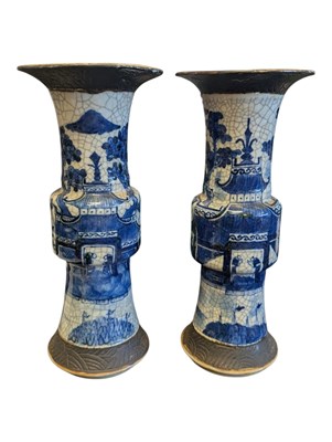 Lot 122 - PAIR OF 19TH CENTURY CHINESE BLUE & WHITE CRACKLE GLAZE PORCELAIN VASES