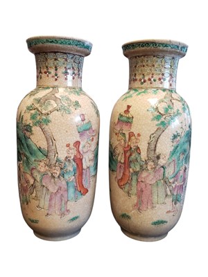 Lot 102 - A PAIR OF LATE 19TH / EARLY 20TH CENTURY CRACKLE GLAZE PORCELAIN VASES