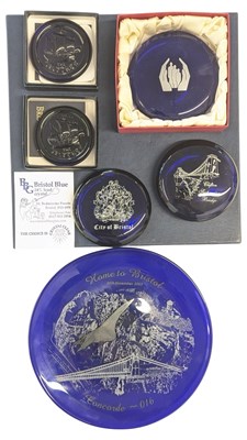 Lot 100 - BRISTOL BLUE, ENGLISH - COLLECTION OF BRISTOL BLUE GLASS PAPERWEIGHTS & CONCORDE PLATE