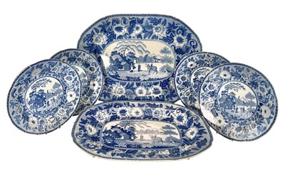 Lot 65 - JOHN ROGERS & SON - ZEBRA - SIX EARLY 19TH CENTURY 1820 BLUE & WHITE PLATTERS & MORE