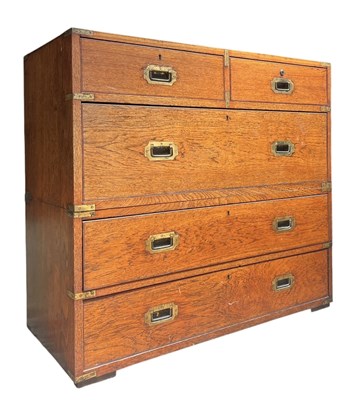 Lot 285 - ANGLO-COLONIAL 19TH CENTURY OAK & BRASS BOUND CAMPAIGN CHEST OF DRAWERS