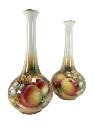 Lot 19 - FRANK ROBERTS FOR ROYAL WORCESTER - PAIR OF HAND PAINTED FRUIT BUD VASES
