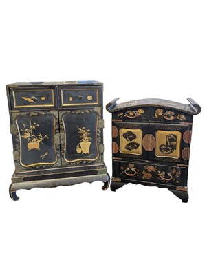 Lot 339 - TWO EARLY 20TH CENTURY CHINESE CHINOISERIE LACQUERED TABLETOP CABINETS