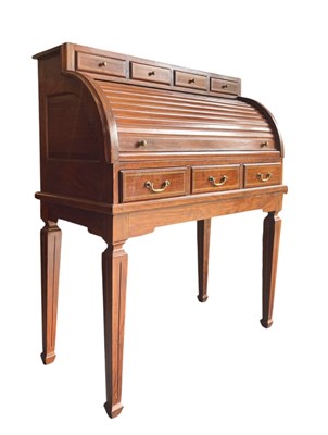 Lot 497 - FRENCH LOUIS XVI STYLE BRASS INLAID MAHOGANY TAMBOUR WRITING DESK