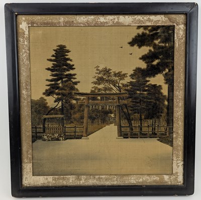 Lot 182 - JAPANESE MEIJI PERIOD YUZEN BIRODO EMBROIDERED CUT VELVET WALL HANGING FRAMED