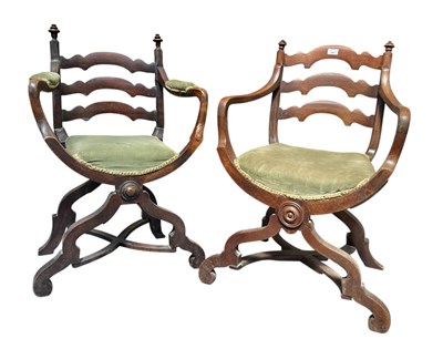 Lot 410 - NEAR PAIR OF EARLY 19TH CENTURY OAK & WALNUT SAVONAROLA STYLE CHAIRS