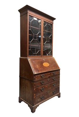 Lot 369 - GEORGE III 19TH CENTURY MAHOGANY INLAID BUREAU BOOKCASE