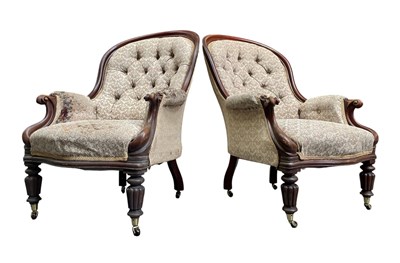 Lot 428 - PAIR OF VICTORIAN 19TH CENTURY MAHOGANY & UPHOLSTERED BUTTON BACK ARMCHAIRS