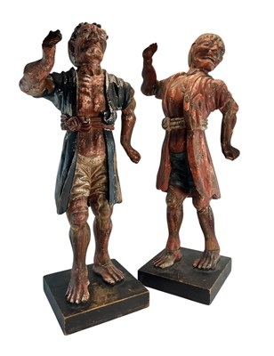 Lot 374 - PAIR OF JAPANESE EDO PERIOD 19TH CENTURY HAND PAINTED GESSO ON WOOD FIGURES