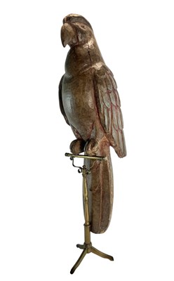 Lot 23 - LATE 19TH / EARLY 20TH CENTURY CARVED WOODEN PARROT FIGURE ON BRASS STAND