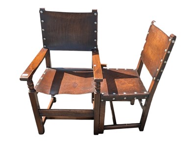 Lot 742 - EIGHT CROMWELLIAN STYLE OAK & HIDE DINING CHAIRS