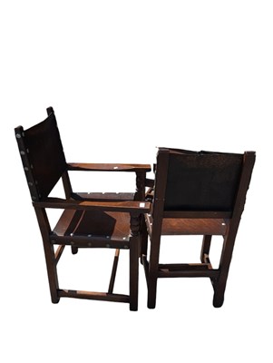 Lot 742 - EIGHT CROMWELLIAN STYLE OAK & HIDE DINING CHAIRS