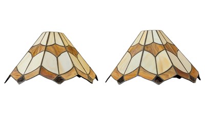 Lot 738 - PAIR OF TIFFANY STYLE STAINED GLASS LAMPSHADES
