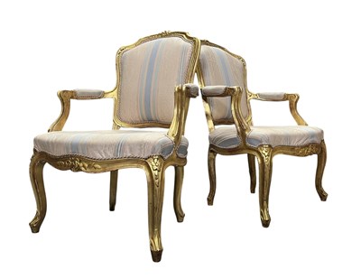 Lot 621 - PAIR OF FRENCH LOUIS XV INSPIRED GILTWOOD FATEUIL CHAIRS