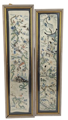 Lot 54 - TWO EARLY 20TH CENTURY CHINESE SILK SLEEVES / PANELS 晚清民国刺绣挂画