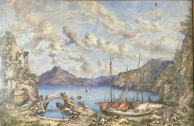 Lot 389 - ITALIAN 19TH CENTURY SCHOOL - BAY OF NAPLES & MT VESUVIUS - WATERCOLOUR PAINTING