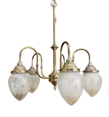 Lot 520 - 19TH CENTURY VICTORIAN BRASS & GLASS FIVE ARM CHANDELIER