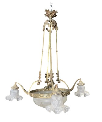 Lot 569 - ART NOUVEAU STYLE THREE ARM RISE & FALL HANGING CHANDELIER