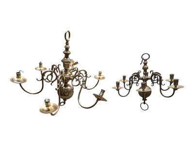 Lot 1001 - TWO EARLY 20TH CENTURY BRASS CEILING CHANDELIERS / ELECTROLIERS