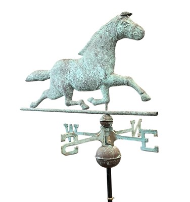 Lot 308 - FOLK ART - COPPER WEATHER VANE IN THE FORM OF A HORSE WITH COMPASS POINTS
