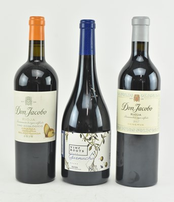 Lot 167 - THREE DON JACOBO RIOJA & VINE ROOTS GARNACHA RIOJA RED WINE BOTTLES (3)