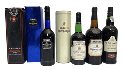 Lot 152 - FIVE BRISTOL CREAM SHERRY & LBV PORT BOTTLES, TO INCLUDE HARVEYS, GRAHAM'S & TAYLOR