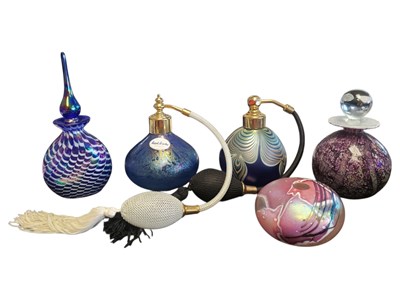 Lot 172 - FIVE LATE 20TH CENTURY IRIDESCENT PERFUME BOTTLES - OKRA - ISLE OF WHITE