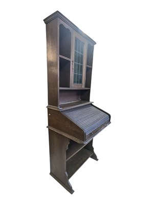 Lot 710 - LATE 19TH CENTURY ARTS & CRAFTS ROLL TOP BUREAU BOOKCASE