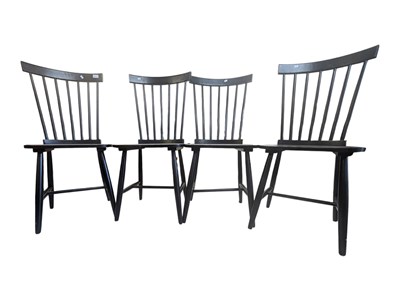 Lot 675 - SET OF FOUR CONTEMPORARY EBONISED STICK BACK DINING CHAIRS