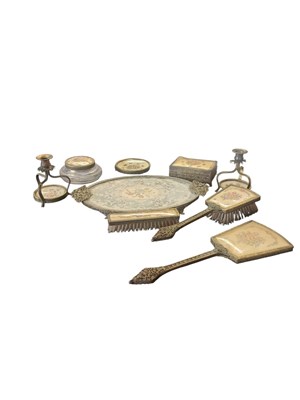 Lot 413 - EARLY 20TH CENTURY NEEDLEPOINT & BRASS VANITY SET