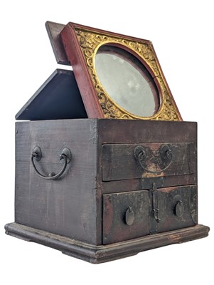 Lot 421 - 19TH CENTURY CHINESE TABLE VANITY JEWELLERY CABINET WITH FOLDING MIRROR