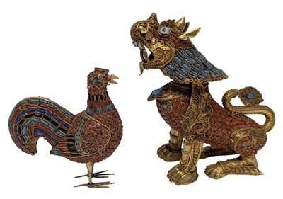 Lot 132 - TIBETAN / NEPALESE GILT BRASS & COLOUR BEADED LIONS / QILIN / FOO DOG & A ROOSTER