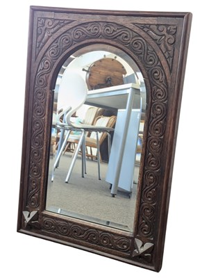 Lot 430 - VINTAGE MID CENTURY CARVED OAK GOTHIC REVIVAL WALL MIRROR