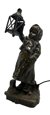 Lot 126 - G. DEMANGE - FRENCH BRONZE LAMP OF GIRL WITH LANTERN