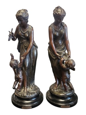 Lot 425 - PAIR 19TH CENTURY FRENCH BRONZED SPELTER FIGURES - VENUS DISARMING CUPID / VENUS & CUPID