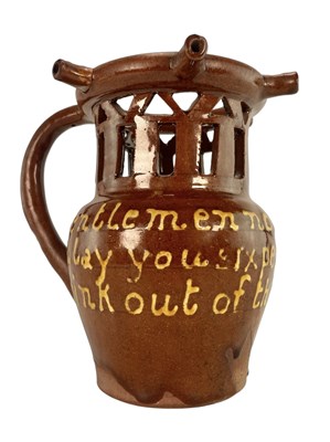 Lot 127 - YORKSHIRE POTTERY (BURTON IN LONSDALE) 19TH CENTURY POTTERY PUZZLE JUG