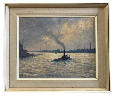 Lot 420 - HUGH BOYCOTT BROWN (1909-1990) - OIL ON CANVAS MARITIME PAINTING OF STEAM BOAT