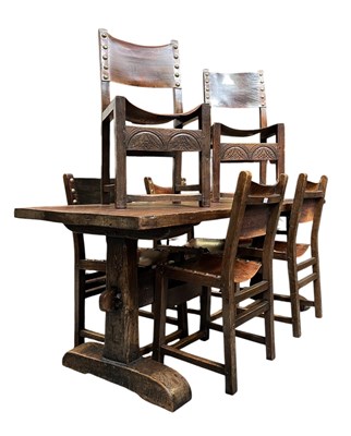 Lot 485 - 19TH CENTURY OAK WOOD FARMHOUSE REFECTORY DINING TABLE & SIX CHAIRS