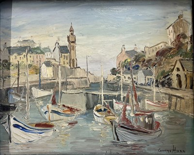 Lot 475 - GEORGE HANN (1900-1979) - UNTITLED HARBOUR SCENE - OIL ON BOARD PAINTING