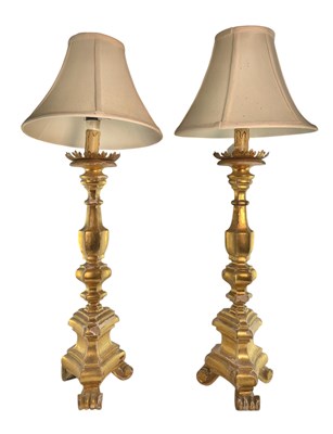 Lot 582 - PAIR OF CONTINENTAL 19TH CENTURY GILTWOOD & GESSO ECCLESIASTICAL PRICKETS LAMPS