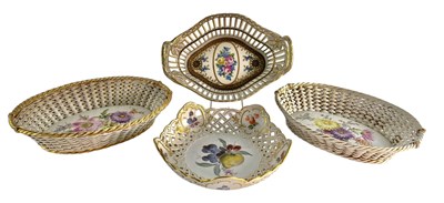 Lot 55 - MEISSEN & DRESDEN PORCELAIN - FOUR 19TH CENTURY & LATER LATTICE WORK BASKETS