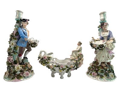 Lot 111 - PAIR OF GERMAN SITZENDORF 19TH CENTURY PORCELAIN CANDLESTICKS & FOOTED BOWL