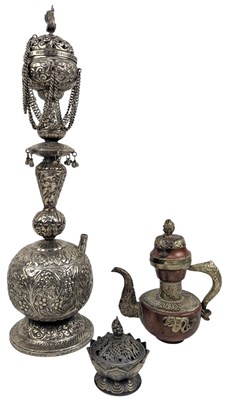 Lot 97 - 20TH CENTURY INDIAN WHITE METAL HOOKAH & A TIBETAN TEAPOT