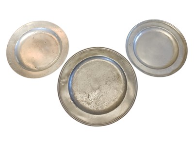 Lot 247 - THREE 18TH CENTURY PEWTER CHARGERS