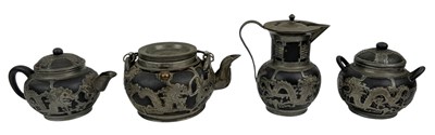Lot 114 - CHINESE ZISHA BLACK CLAY & PEWTER MOUNTED 4 PC TEA SET 民国出口套铝紫砂茶具