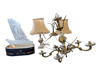 Lot 690 - ITALIAN MID 20TH CENTURY FLORAL CERAMIC ENAMELLED CEILING LIGHT W/ PAIR OF TABLE LAMPS
