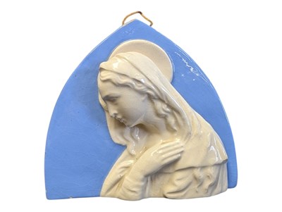 Lot 55 - 1894 ITALIAN RELIEF BLUE & WHITE CERAMIC PLAQUE OF MADONNA